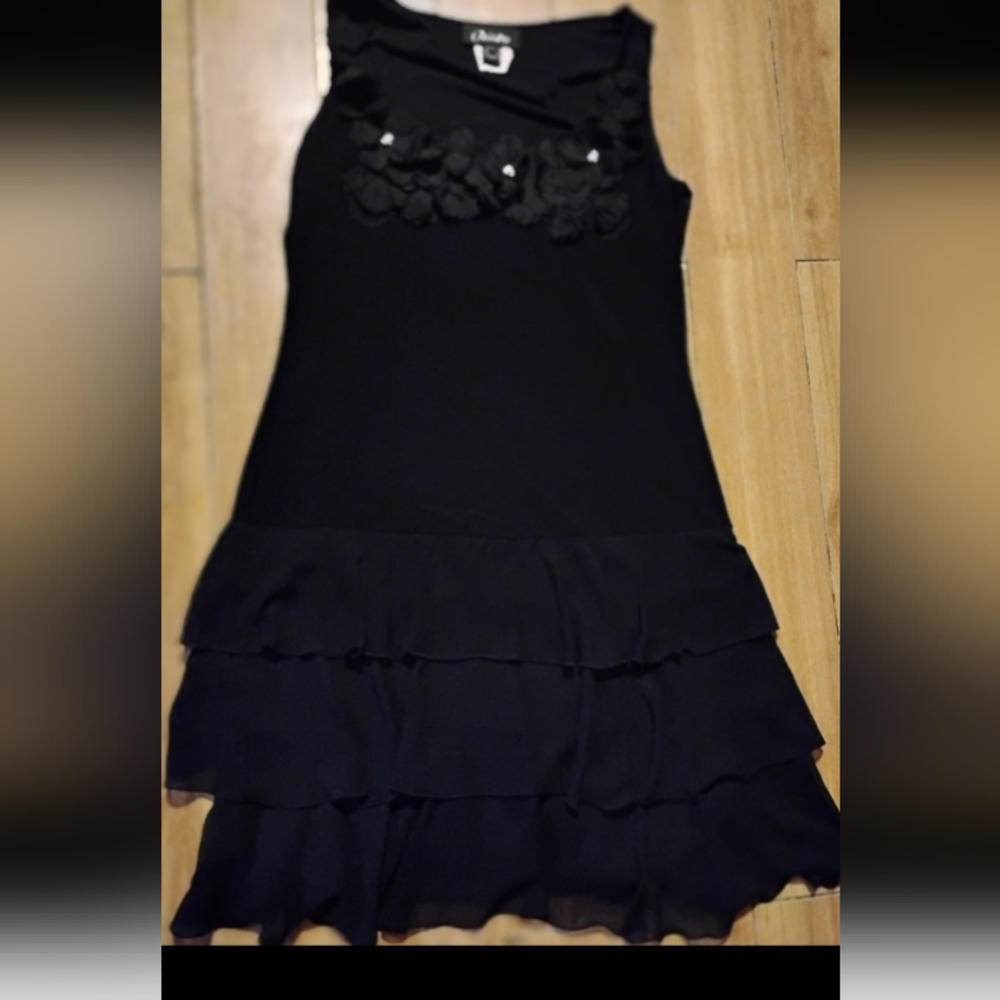 Vintage Black Sleeveless Ruffle Tiered Mini Dress with Floral Applique